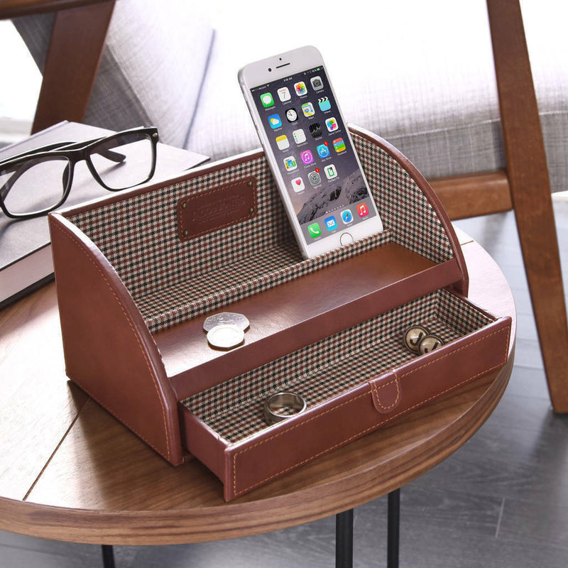 Desk Tidy Jacob Jones Phone Charging Drawer Valet Faux Leather Tan gift idea NEW